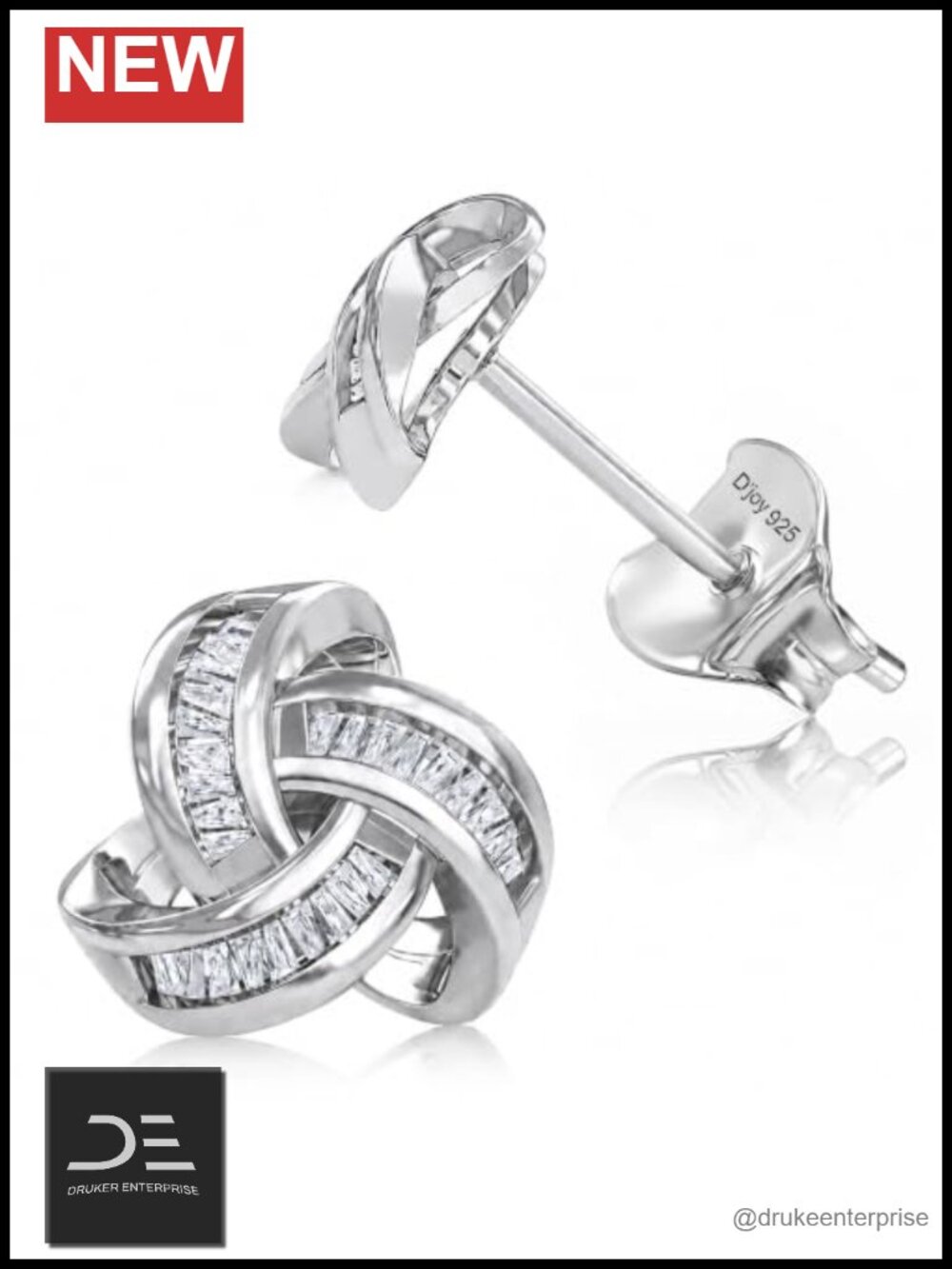 Sterling Silver Diamond Love Knot Stud Earrings I3 I clarity Baguette Women